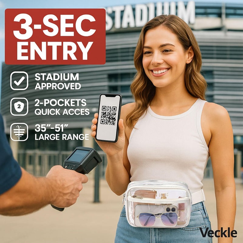 Veckle Clear Fanny Pack - Plus Size Only 35" - 51" Clear Belt Bag Stadiuim Approved for Women Transparent Waist Bag Crossbody for Sports Events, Concerts, White+Black - Image 2